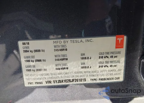 2018 Tesla Model S 100D/75D/P100D из США, поврежденный, VIN 5YJSA1E26JF261819